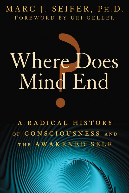 Book cover of 'Where Does Mind End' with a black background and blue spiral design.
